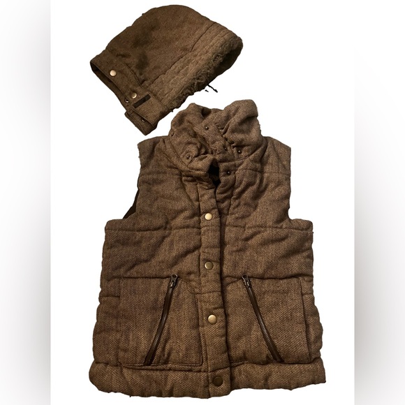 Women Refuge Vest Wool Snap Fur Fluffy Hat Hoodie Quilted Brown L - Picture 2 of 3